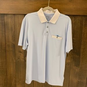 UNTUCKIT MENS POLO SHIRT, grey on soft blue. Large